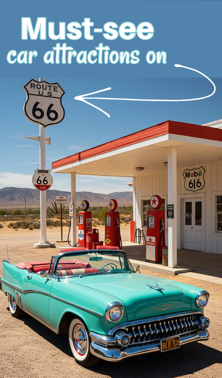 A turquoise vintage convertible parked at an old gas station with retro pumps under a Route 66 sign on a sunny day—like a scene straight out of classic Route 66 car museums.
