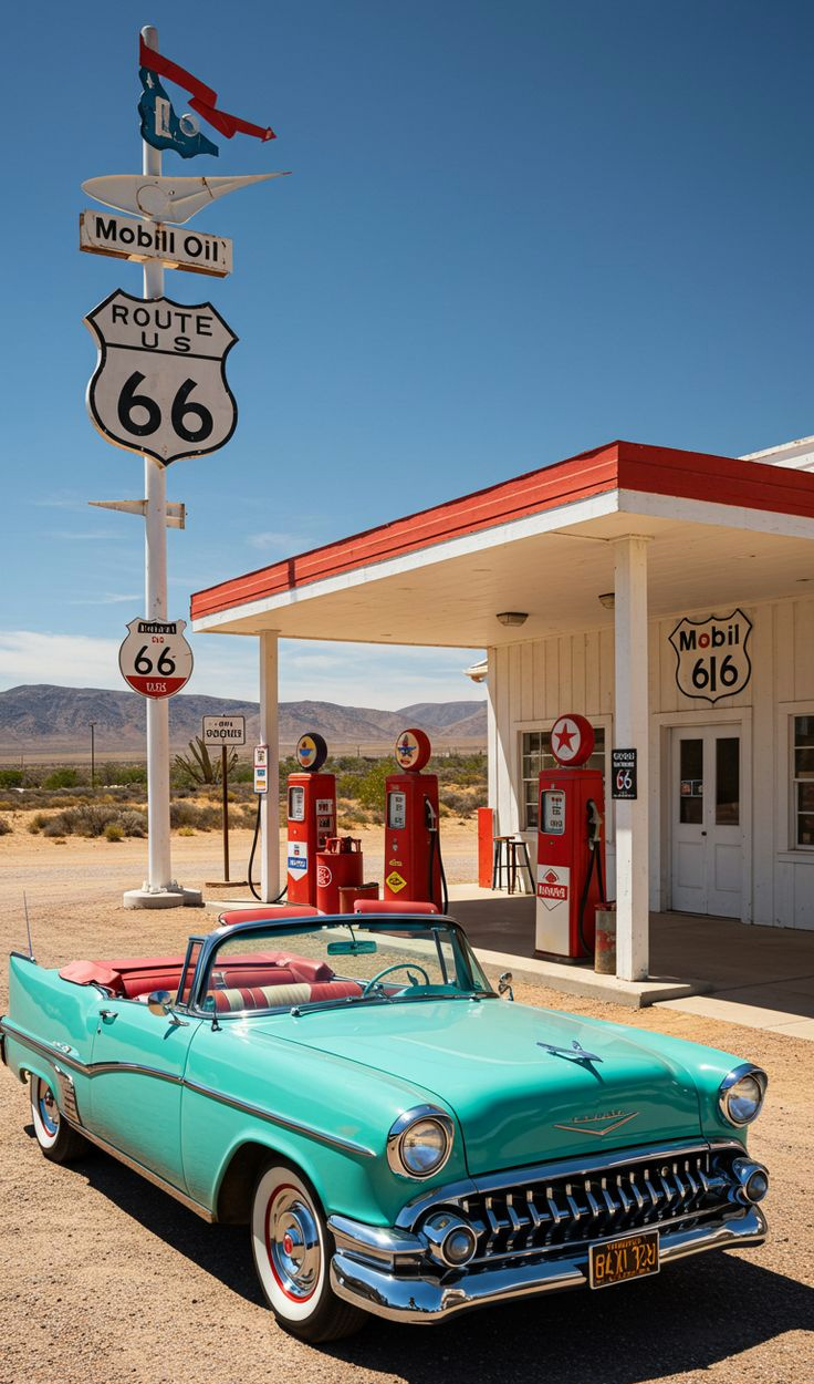 A turquoise vintage convertible is parked at a retro Route 66 gas station with classic red fuel pumps and Mobil Oil signage—just the kind of scene featured in Route 66 car museums under a clear blue sky.
