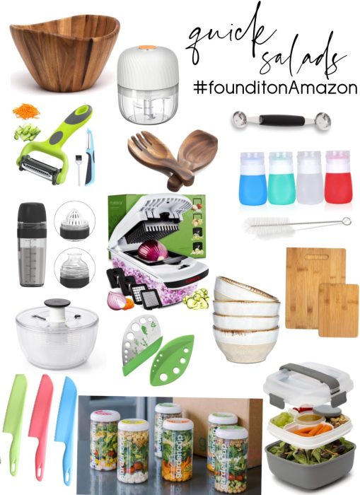 Collage of salad-making tools and containers, including knives, peelers, bowls, choppers, dressing bottles, a salad spinner, reusable jars, and reusable lunch containers.