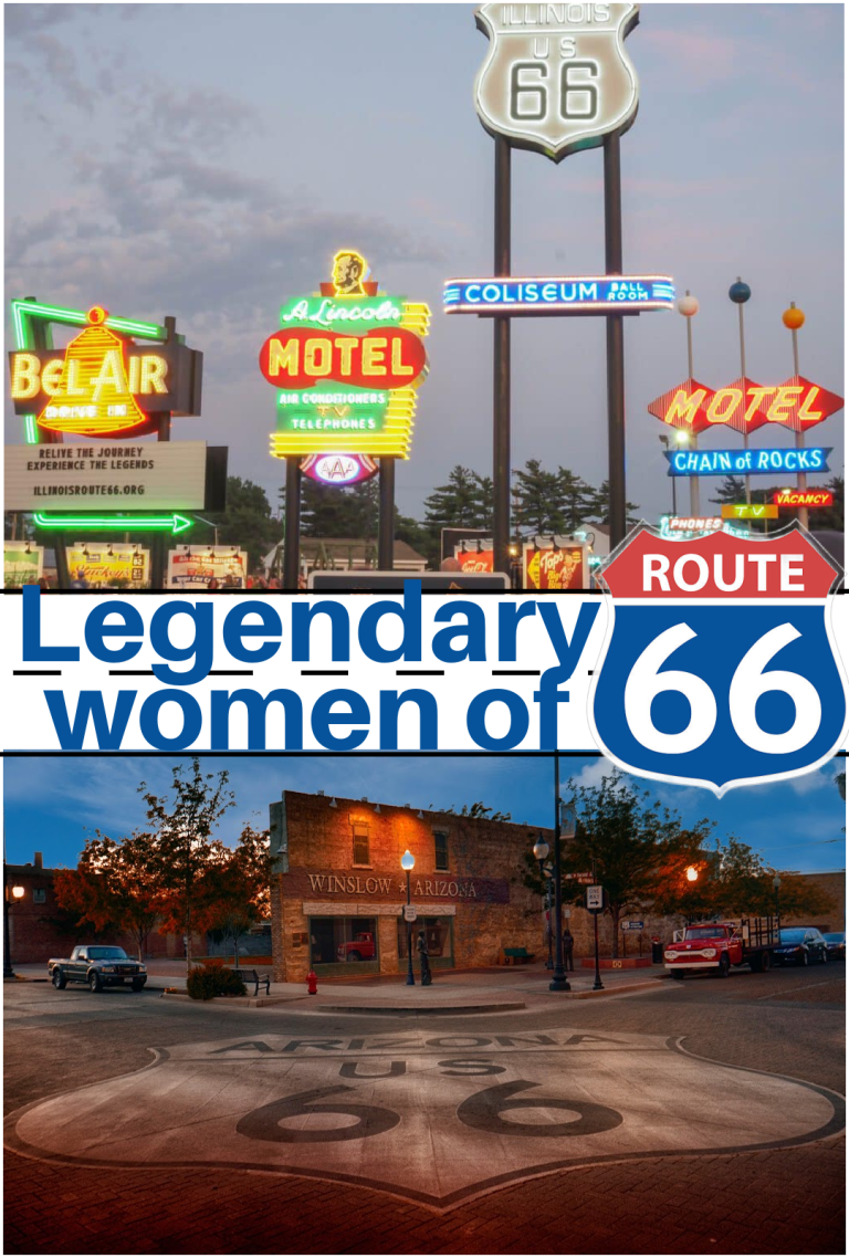 Collage featuring vintage Route 66 signs at dusk above, and a street view of Winslow, Arizona below, with the text "Legendary women of 66" in bold across the center.