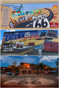 Three images show Route 66 murals and street art in different towns, featuring colorful signs, classic cars, and a public square with a circular Route 66 emblem on the pavement.