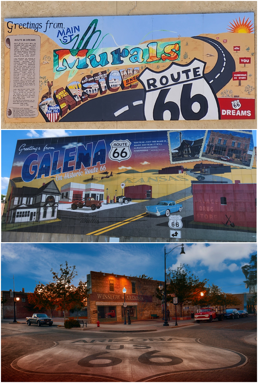 Three images show Route 66 murals and street art in different towns, featuring colorful signs, classic cars, and a public square with a circular Route 66 emblem on the pavement.