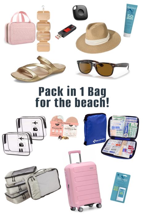 A collection of travel and beach essentials from a beach vacation packing list, including a hat, sandals, sunglasses, sunscreen, packing cubes, first aid kit, toiletries, USB, and pink suitcase arranged on a white background.