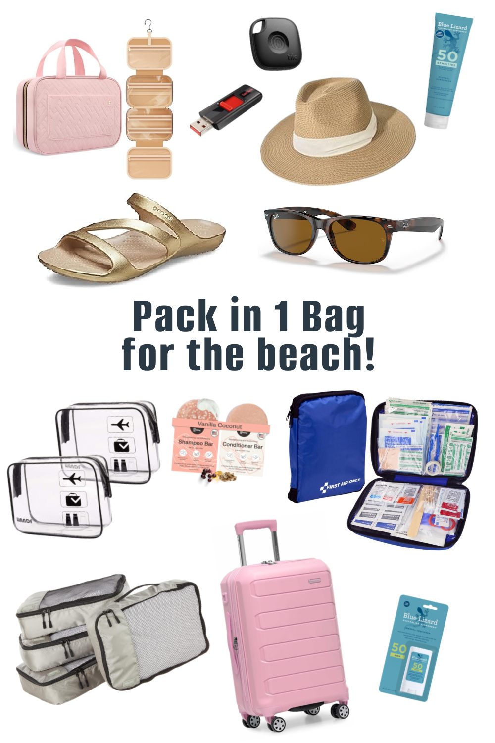 A collection of travel and beach essentials from a beach vacation packing list, including a hat, sandals, sunglasses, sunscreen, packing cubes, first aid kit, toiletries, USB, and pink suitcase arranged on a white background.