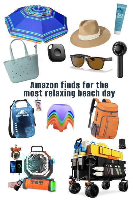 A beach vacation packing list featuring all the essentials: umbrella, hat, sunscreen, bag, sunglasses, fan, dry bag, silicone cups, backpack, tech gadgets, and a foldable wagon.
