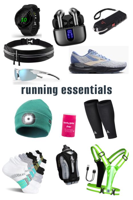 A collection of running essentials including shoes, a watch, earbuds, headlamp, sunglasses, belt, hat, socks, glide stick, hydration pack, compression sleeves, charging cable, and safety vest.