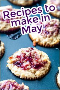 Assorted berry muffins in paper liners on a baking tray with the text "Cook in May: Recipes to make" overlaid at the top.