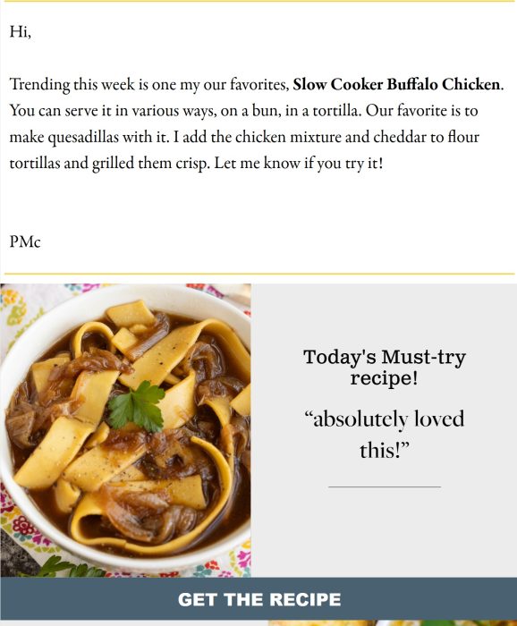 A bowl of slow cooker buffalo chicken with wide noodles, garnished with green herbs, next to a text panel with a recipe recommendation and customer review.