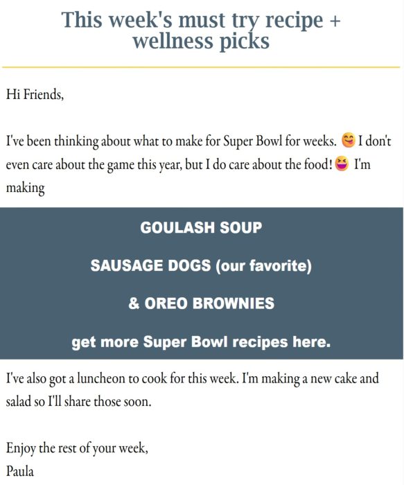 Screenshot of a newsletter with a list of Super Bowl recipes: goulash soup, sausage dogs, and Oreo brownies, plus a note about an upcoming luncheon and cake.