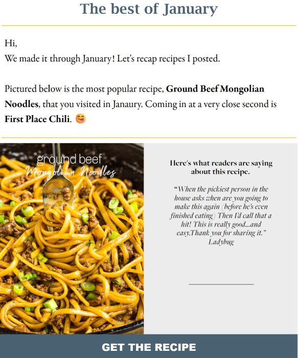 A plate of ground beef Mongolian noodles garnished with green onions, featured as a popular recipe from January, with a reader testimonial beside it.