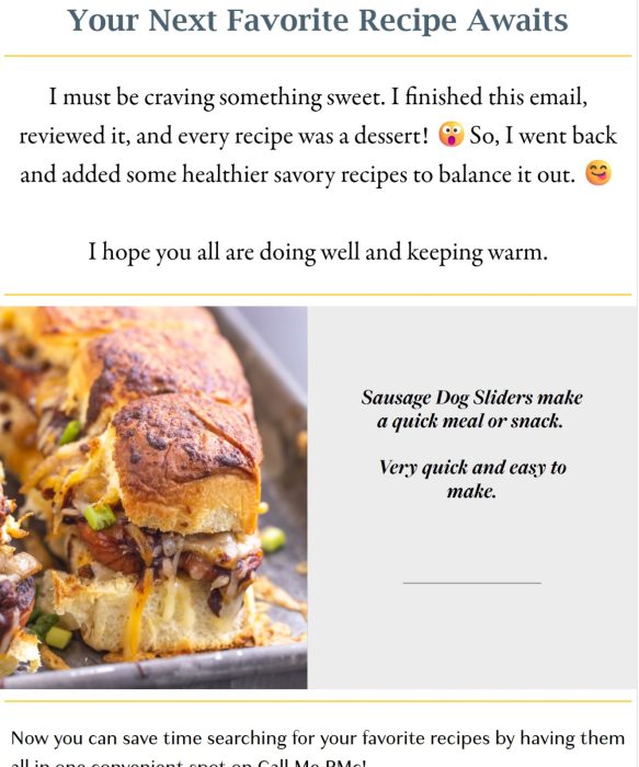 Close-up of cheesy sausage dog sliders in a baking dish, accompanied by text describing them as a quick and easy meal or snack.