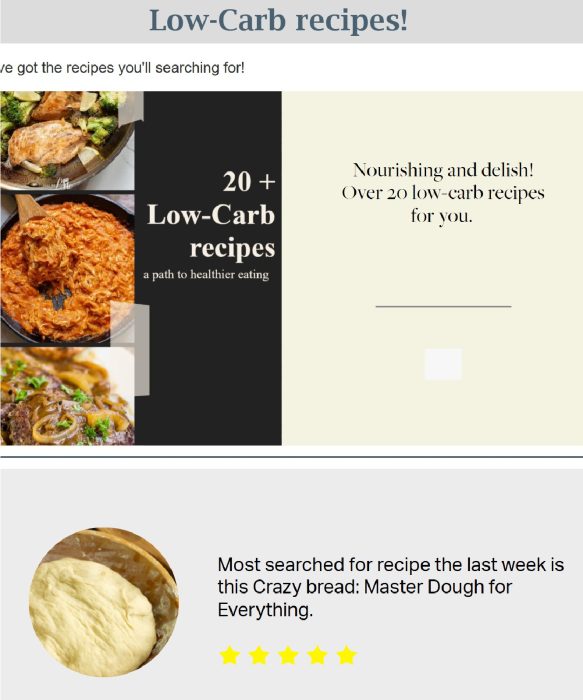 A webpage about low-carb recipes features a collage of dishes, a headline promoting 20+ low-carb recipes, and a highlighted recipe for master dough bread with a four-star rating.