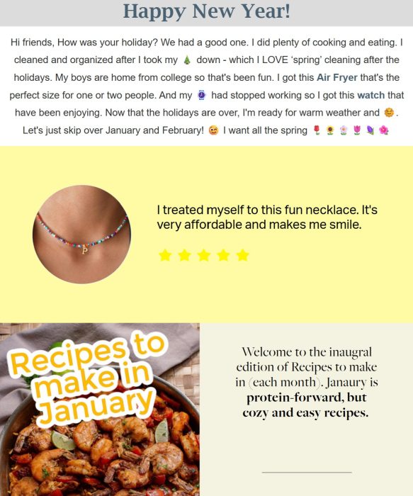 Screenshot of a newsletter featuring a New Year greeting, a personal update, a necklace photo, and a section on January recipe ideas.
