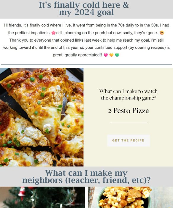 A close-up of two slices of pesto pizza above a recipe card for pesto pizza and a brief note about colder weather and 2024 goals.