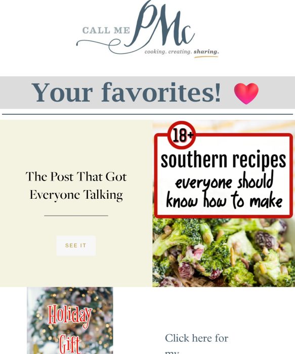 Screenshot of a blog page titled "Your favorites!" featuring links to popular posts, including southern recipes, a holiday gift guide, and "The Post That Got Everyone Talking.