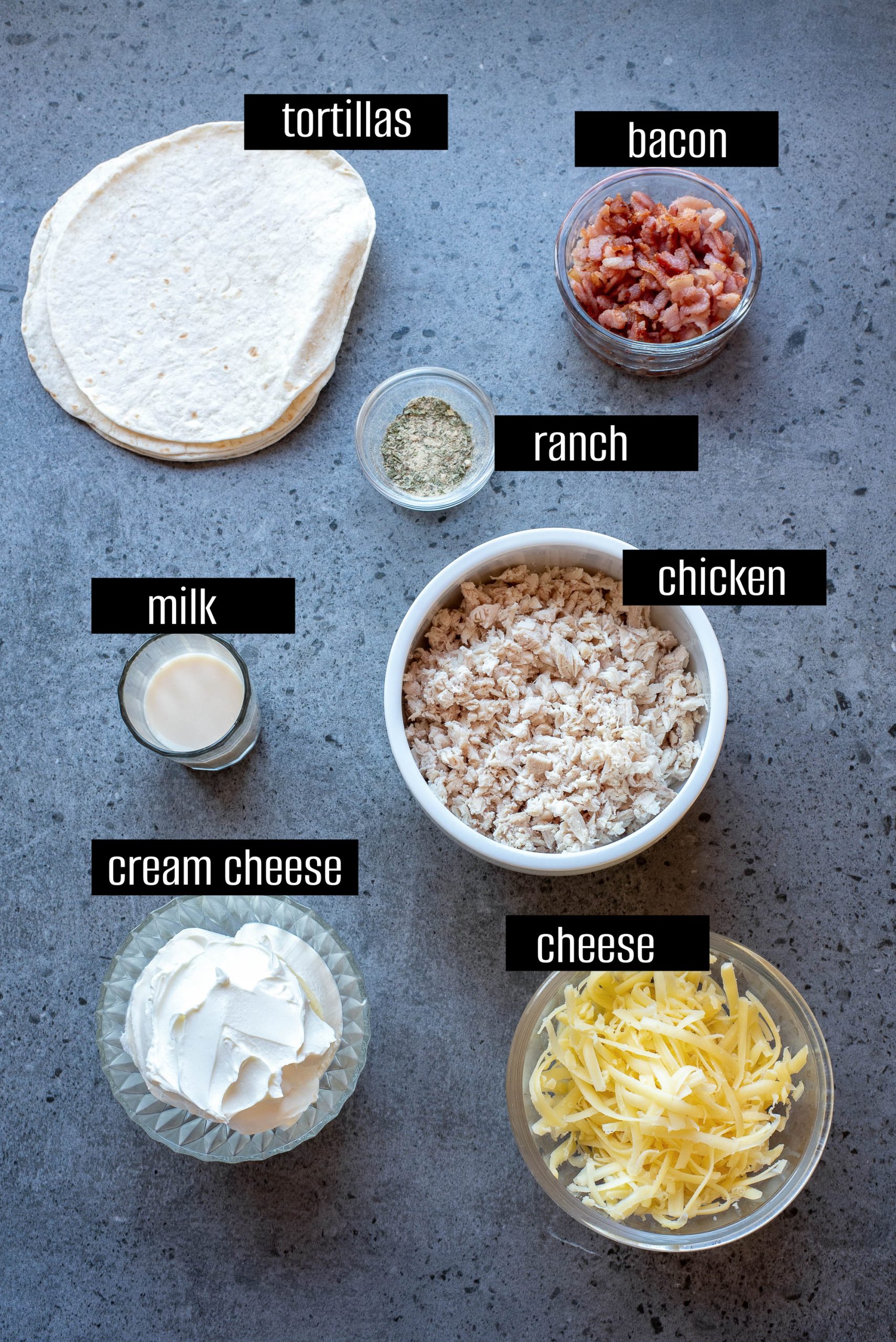 Seven ingredients for Chicken Bacon Ranch Pinwheels are laid out on a gray surface: tortillas, bacon, ranch seasoning, chicken, milk, cream cheese, and shredded cheese. Each item is labeled.