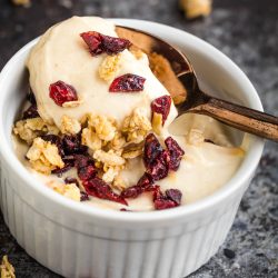 A white ramekin filled with creamy yogurt, topped with granola and dried cranberries, with a spoon scooping some out.