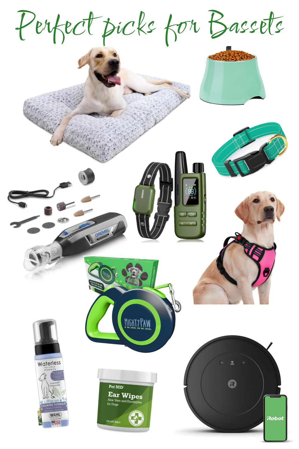 A collection of dog care products—including a bed, food bowl, collar, grooming tools, and a robotic vacuum—perfect for all breeds like Labradors or to experience the benefits of basset hounds with easy care and comfort.