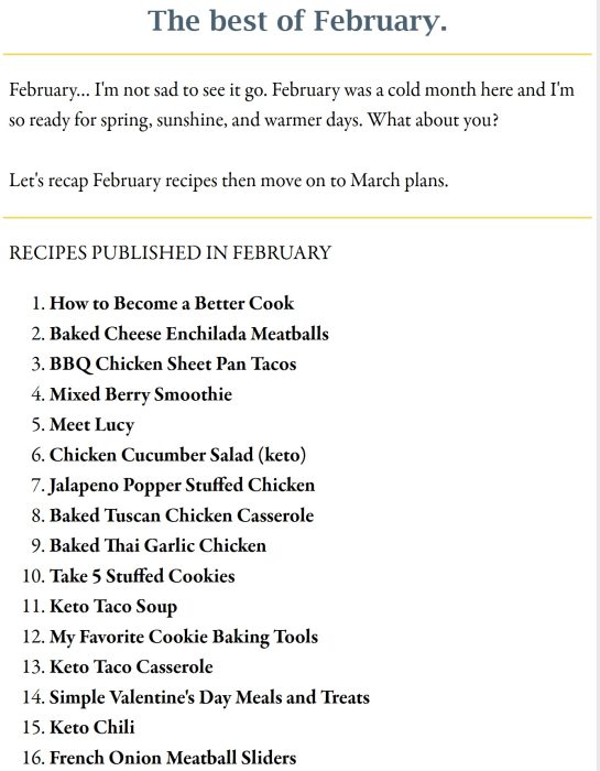 A list of 16 recipes published in February is shown under a heading titled "The best of February," with a brief summary about the month.