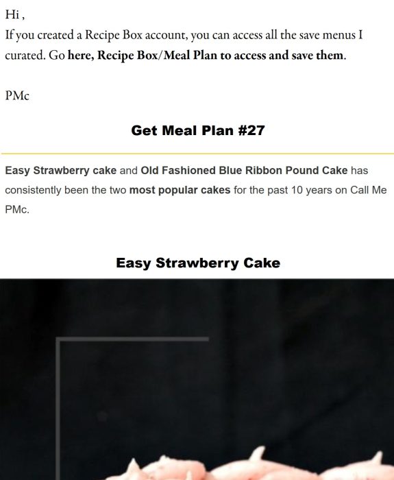 Screenshot of a webpage showing a recipe box account notice, meal plan #27, and mentions of Easy Strawberry Cake and Blue Ribbon Pound Cake as popular cakes.