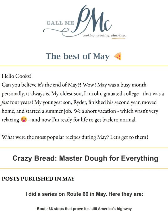 Screenshot of a cooking blog's May recap featuring family updates, a mention of a Route 66 series, and a section on mastering bread dough.