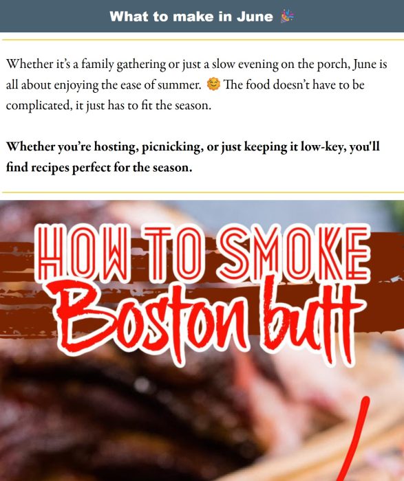 A webpage section titled "What to make in June" with text about summer gatherings and a featured recipe for "How to Smoke Boston Butt.