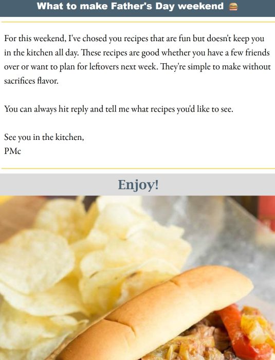A sandwich with a side of potato chips on a plate, shown below text about easy and flavorful recipes for Father's Day weekend.