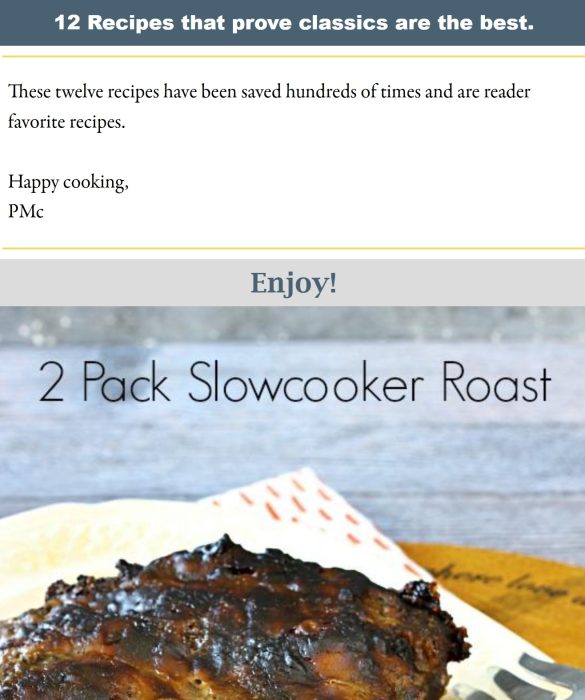 Cooked slowcooker roast on a plate with text above reading "2 Pack Slowcooker Roast" and recipe collection heading at top of the page.