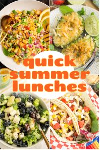 A collage of four summer lunch dishes, including salad, stuffed avocado, broccoli salad, and tacos, with the text "Summer Lunches" in the center.