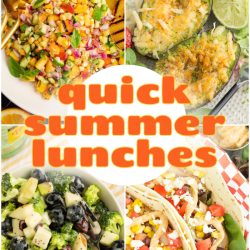 A collage of four summer lunch dishes, including salad, stuffed avocado, broccoli salad, and tacos, with the text "Summer Lunches" in the center.