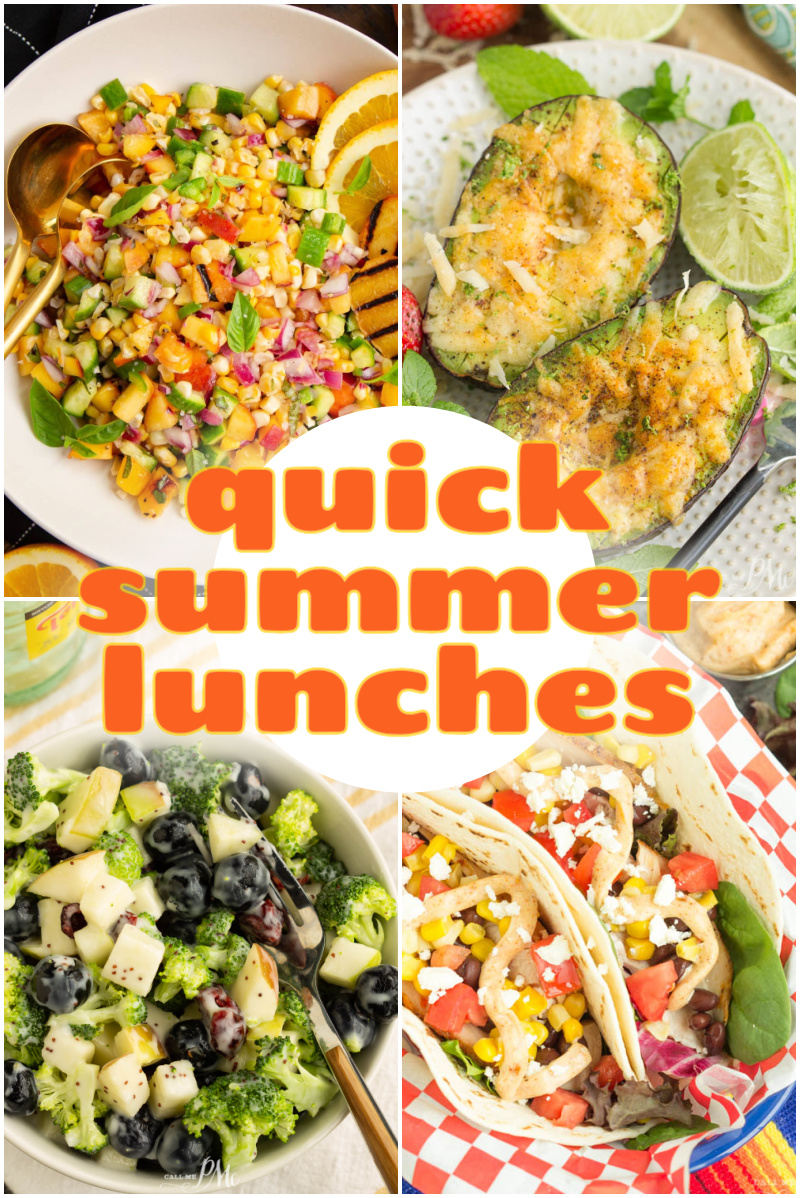 A collage of four summer lunch dishes, including salad, stuffed avocado, broccoli salad, and tacos, with the text "Summer Lunches" in the center.