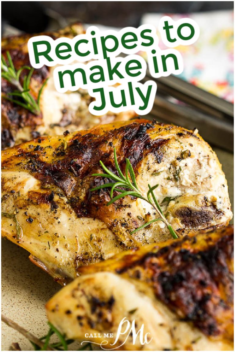 Grilled seasoned chicken quarters garnished with rosemary, with text overlay reading "Cook in July: Recipes to make this month.