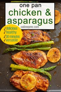 Three cooked chicken breasts, asparagus spears, and lemon slices arranged on a baking tray with text promoting a flavorful Sheet Pan Orange Chicken and Asparagus recipe.