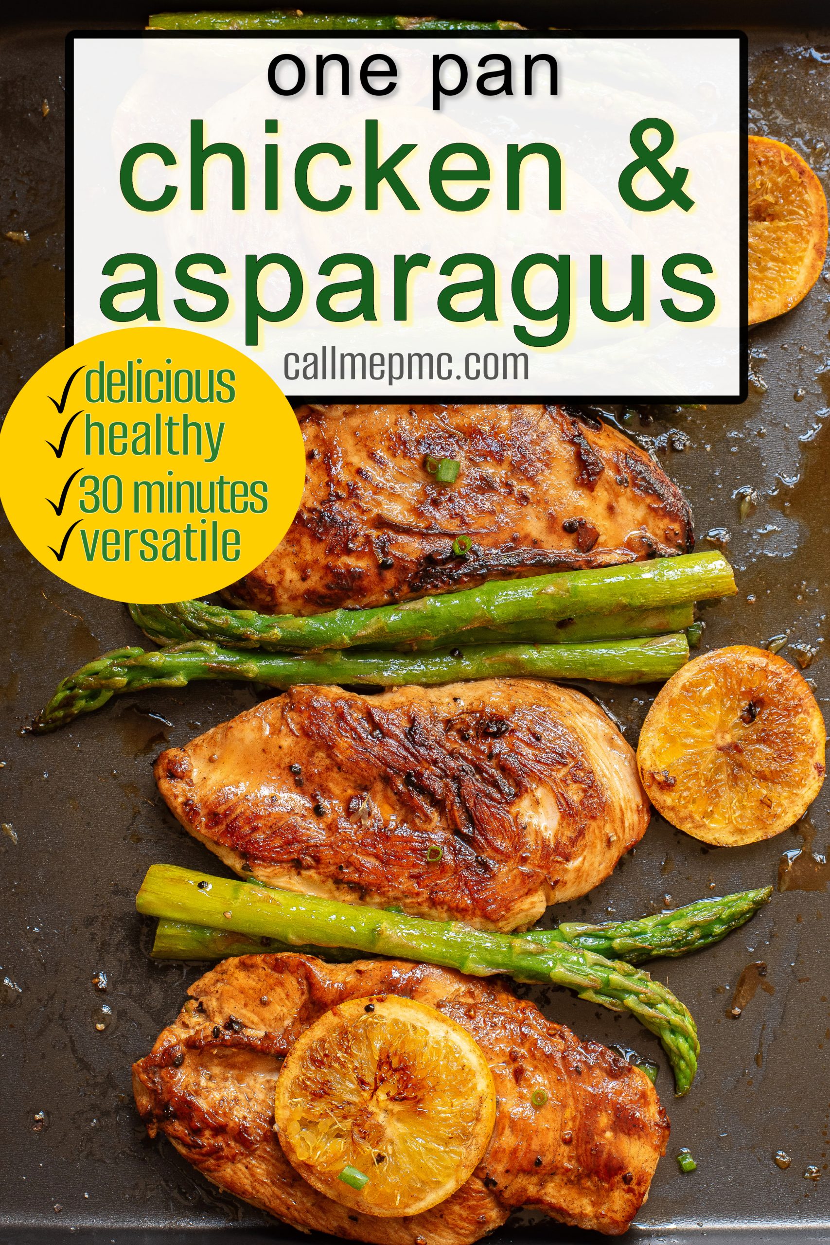 Three cooked chicken breasts, asparagus spears, and lemon slices arranged on a baking tray with text promoting a flavorful Sheet Pan Orange Chicken and Asparagus recipe.