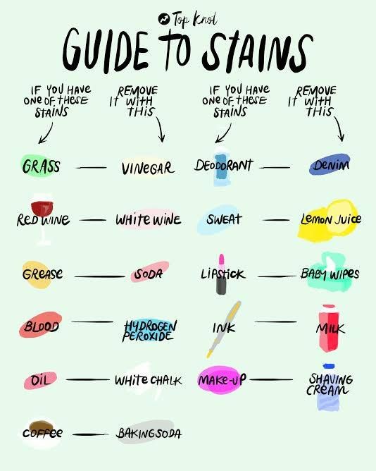 A chart titled "Guide to Stains" from Paula's Picks 5 shows common stains and recommended removal methods, including grass with vinegar and coffee with baking soda, using text and colored illustrations.