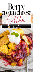 A close-up of a partially served fruit cobbler in a glass baking dish, with a serving spoon resting inside and a visible golden, crumbly topping.