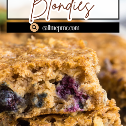 Close-up of a sliced blueberry breakfast blondie bar with visible blueberries and oat texture, topped with large text reading "Blueberry breakfast blondies.