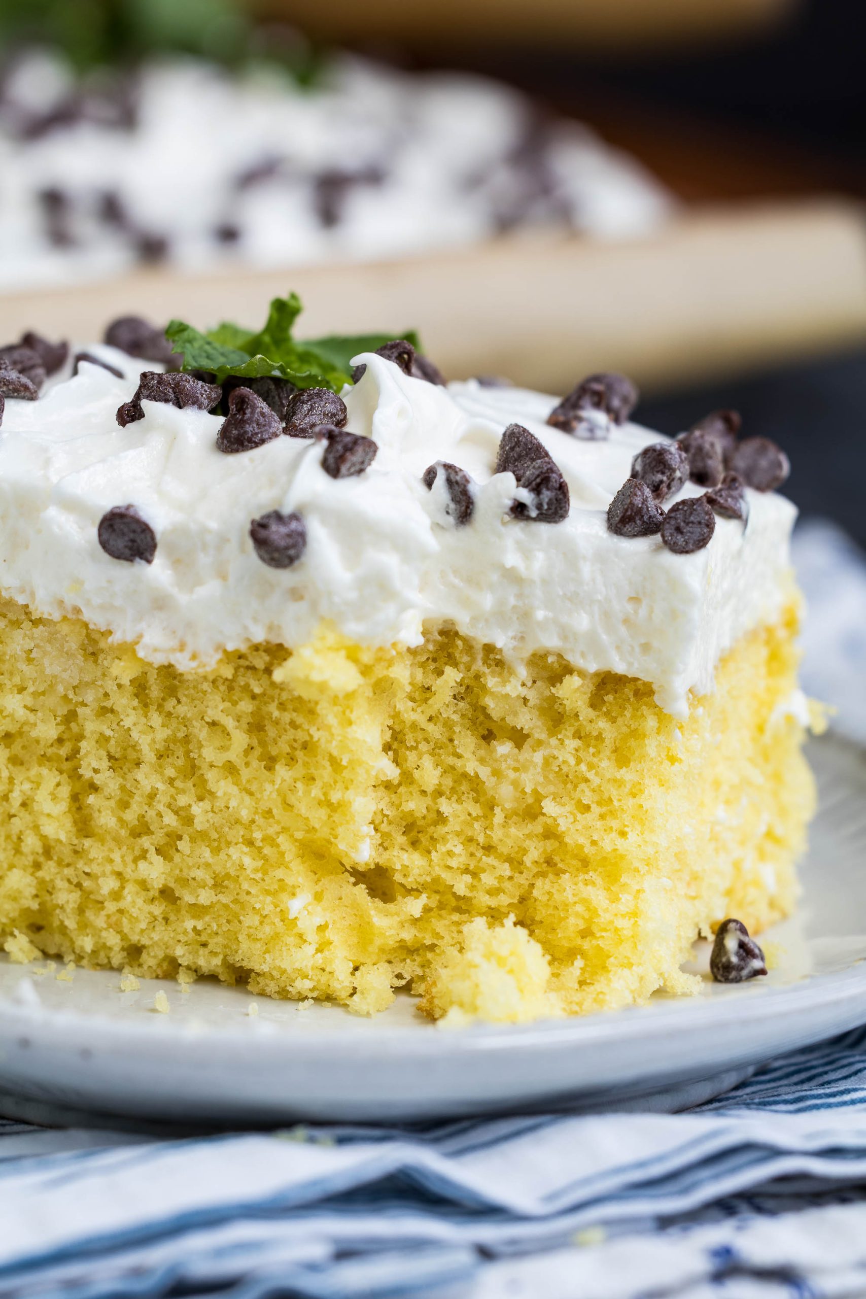 A slice of cannoli sheet cake topped with whipped cream and chocolate chips on a white plate.