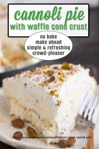 A slice of cannoli pie with waffle cone crust, topped with crushed pistachios, is served on a white plate with a fork.