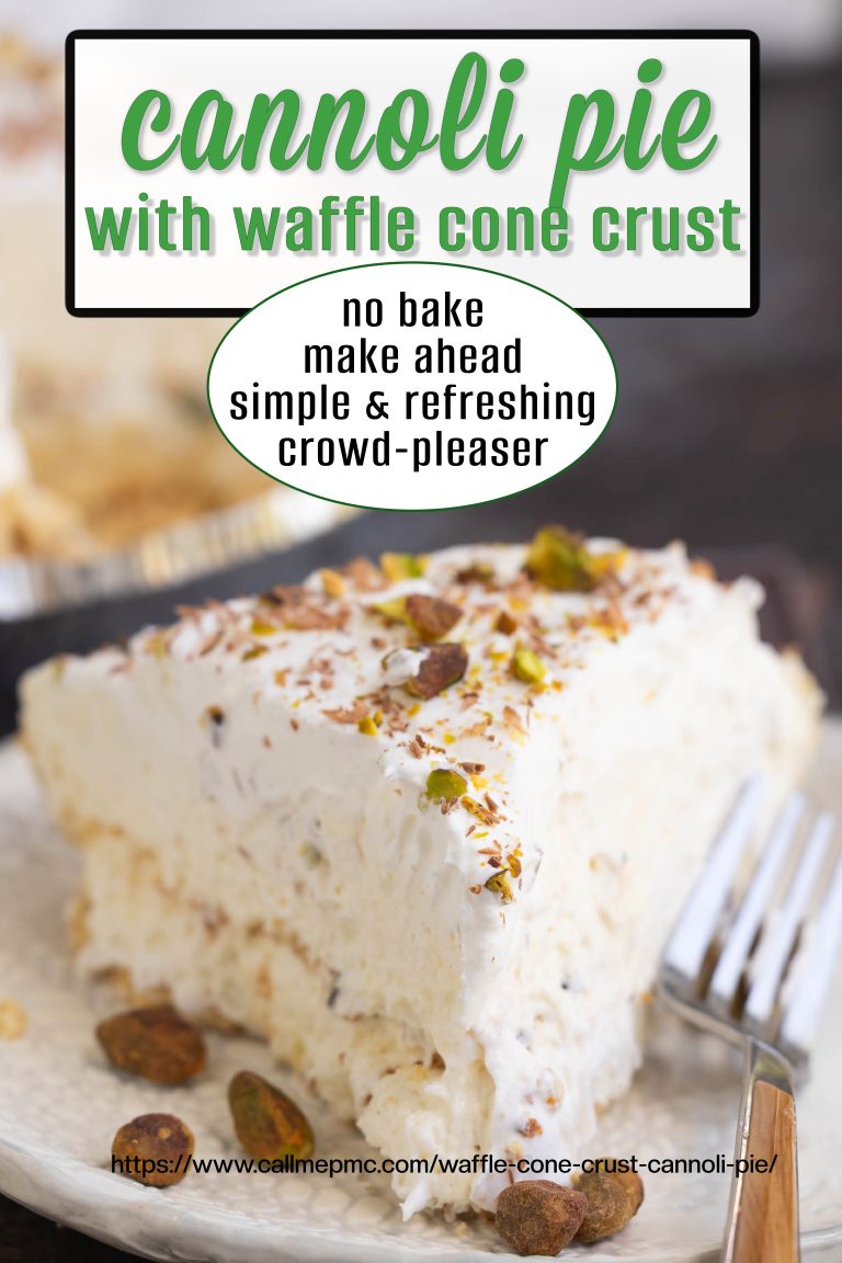 A slice of cannoli pie with waffle cone crust, topped with crushed pistachios, is served on a white plate with a fork.