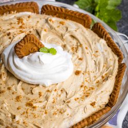 A creamy pie with a crumb crust, topped with whipped cream, cookie pieces, and a mint sprig, sitting on a patterned cloth.