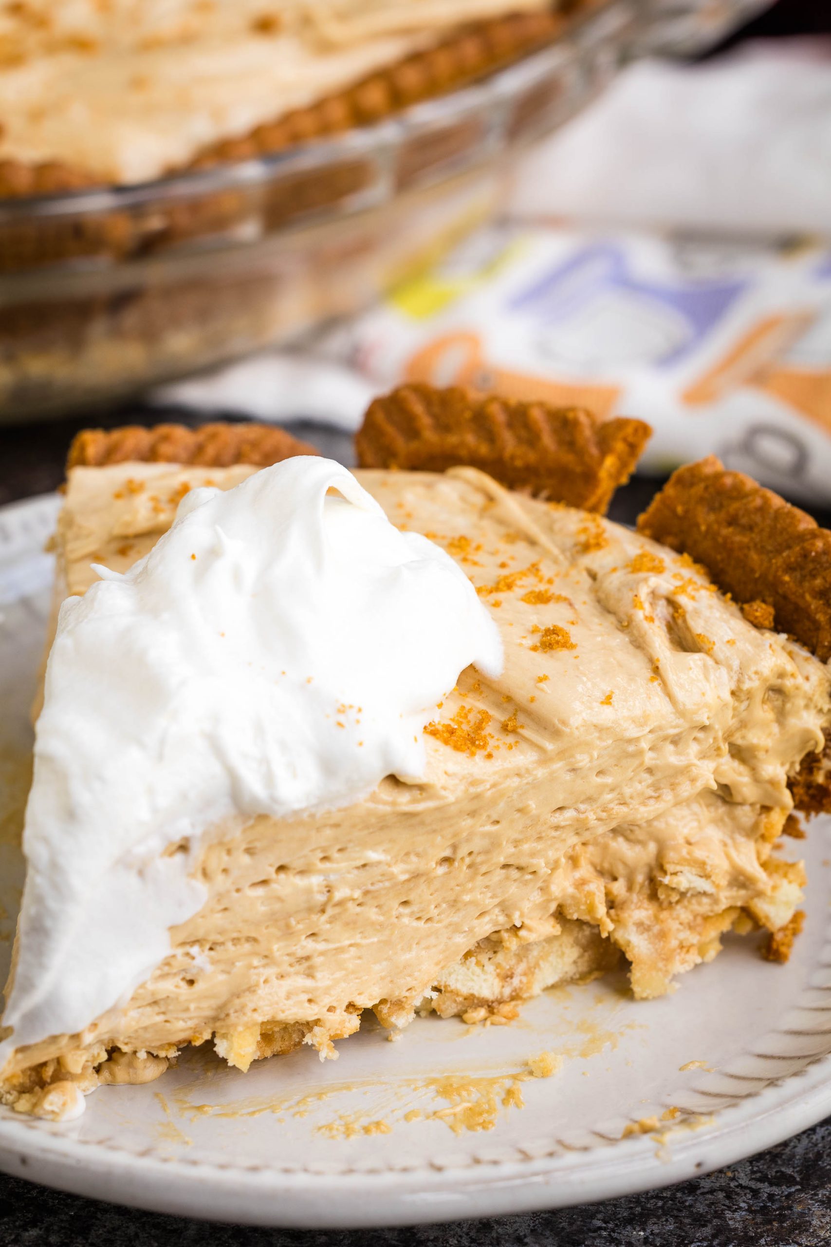 A slice of cookie butter pie with a cookie crust, topped with a dollop of whipped cream, on a white plate.