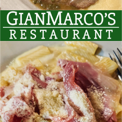 Plated veal with capers and greens, creamy pasta with ham and cheese, and the sign for Gianmarco’s Birmingham AL Restaurant.