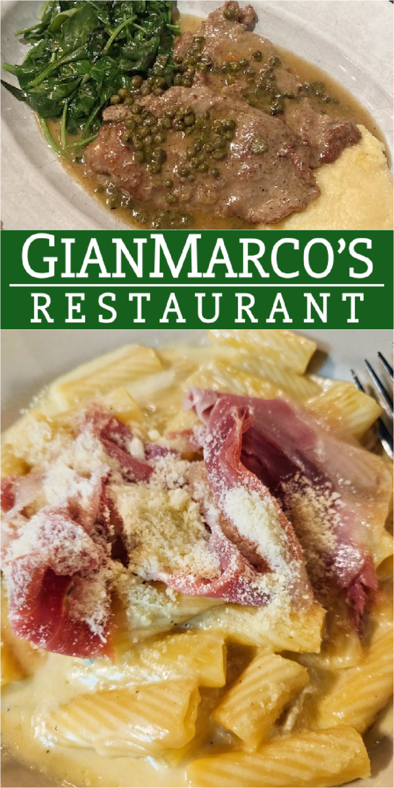 Plated veal with capers and greens, creamy pasta with ham and cheese, and the sign for Gianmarco’s Birmingham AL Restaurant.