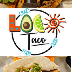 Two images of tacos with various toppings, separated by the vibrant Loco Taco logo featuring a lime and sun. The bottom displays the website CallMePMc.com.