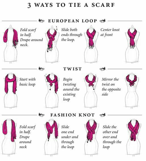 Instructional diagram from Paula's Picks 5 showing three ways to tie a scarf—European loop, Twist, and Fashion knot—using step-by-step visuals with a pink scarf on a mannequin.