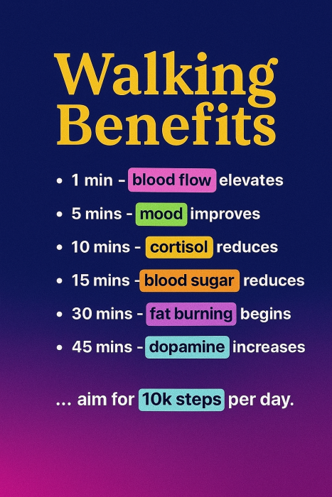 Infographic from Paula's Picks listing walking benefits at time intervals, such as improved blood flow, mood, reduced cortisol and blood sugar, fat burning, increased dopamine, and aiming for 10,000 steps per day.