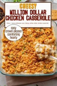 A casserole dish filled with cheesy chicken casserole topped with crushed crackers, with a serving spoon and text describing it as cheesy, comforting, and a crowd-pleaser.