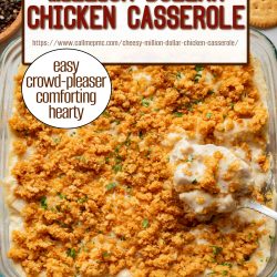 A casserole dish filled with cheesy chicken casserole topped with crushed crackers, with a serving spoon and text describing it as cheesy, comforting, and a crowd-pleaser.