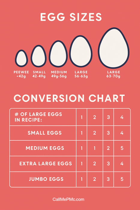 Egg size chart displaying visual egg size differences and a conversion table for substituting various egg sizes in recipes, from peewee to jumbo—perfect for baking everything from cookies to a cannoli sheet cake.